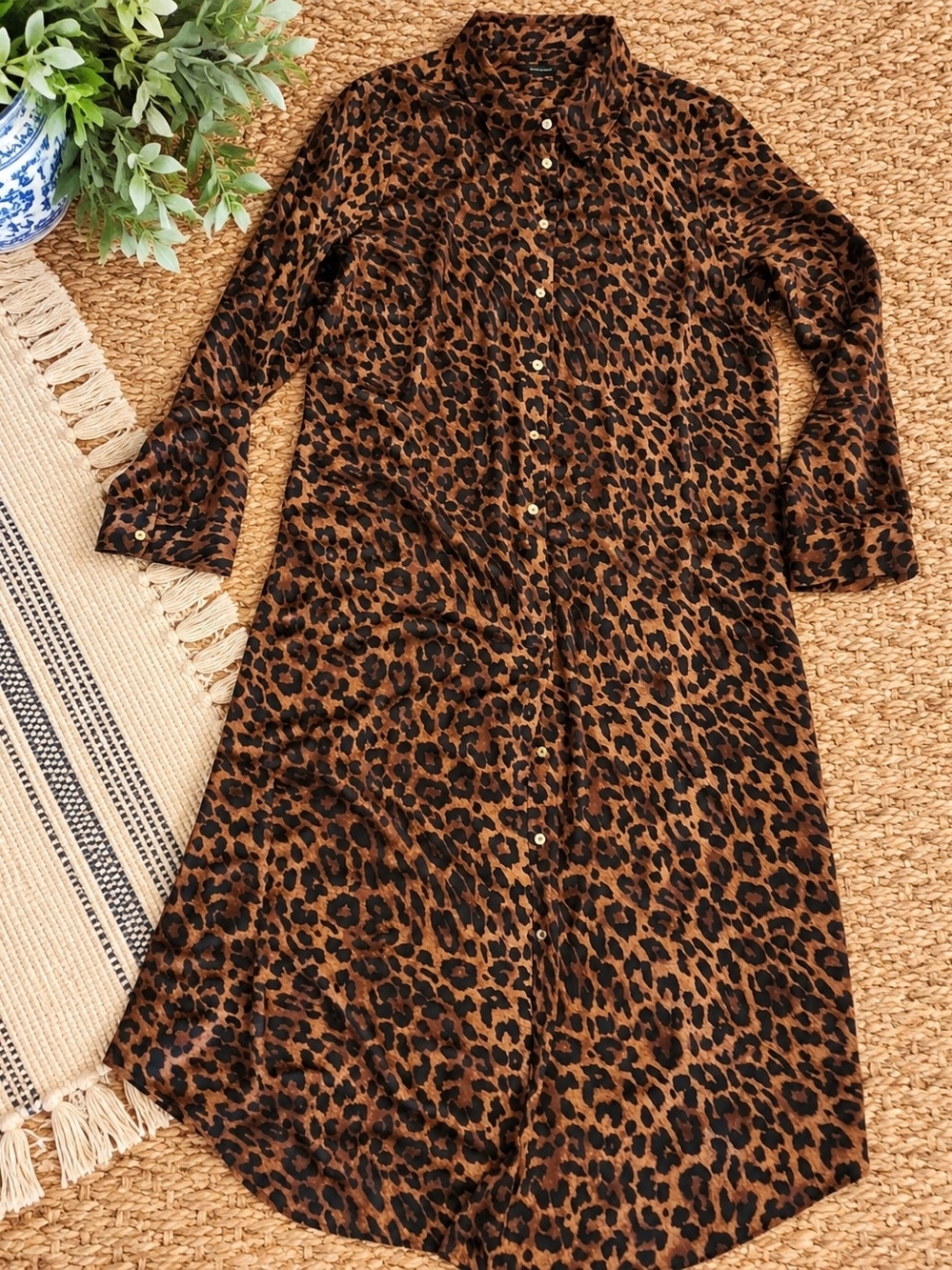 Talbots Leopard Print Sz 14 Button-Front Shirt Dress - Brown
